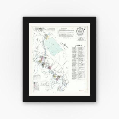 Old map wall art mockup — black gallery frame with white mat — Sanborn Fire Insurance Map from Bourne, Barnstable County, Massachusetts (1941), Sheet #0001