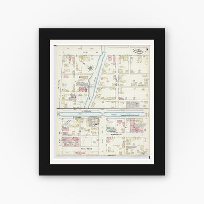 Old map wall art mockup — black gallery frame with white mat — Sanborn Fire Insurance Map from Newark, Licking County, Ohio (1884), Sheet #0005