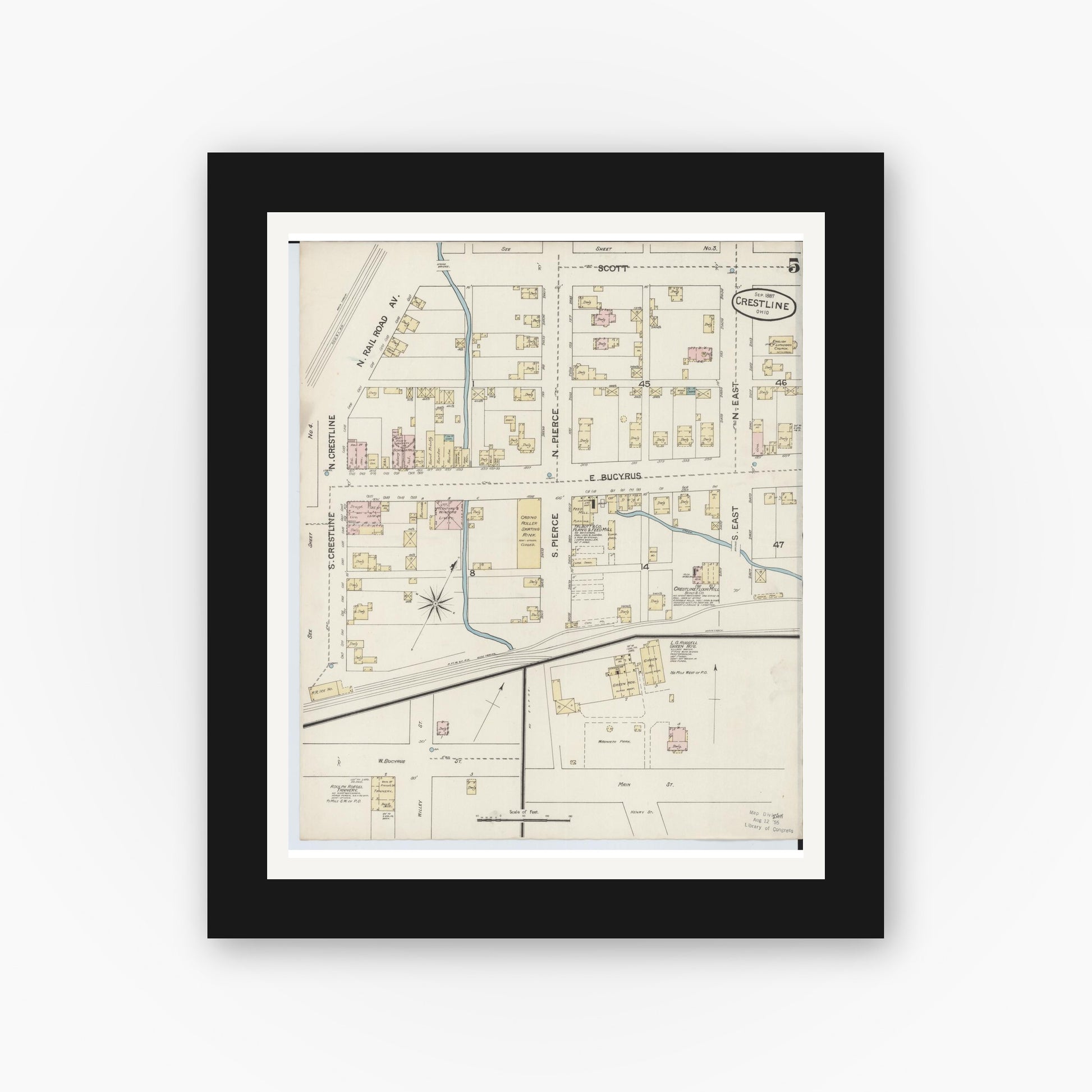 Old map wall art mockup — black gallery frame with white mat — Sanborn Fire Insurance Map from Crestline, Crawford County, Ohio (1887), Sheet #0005