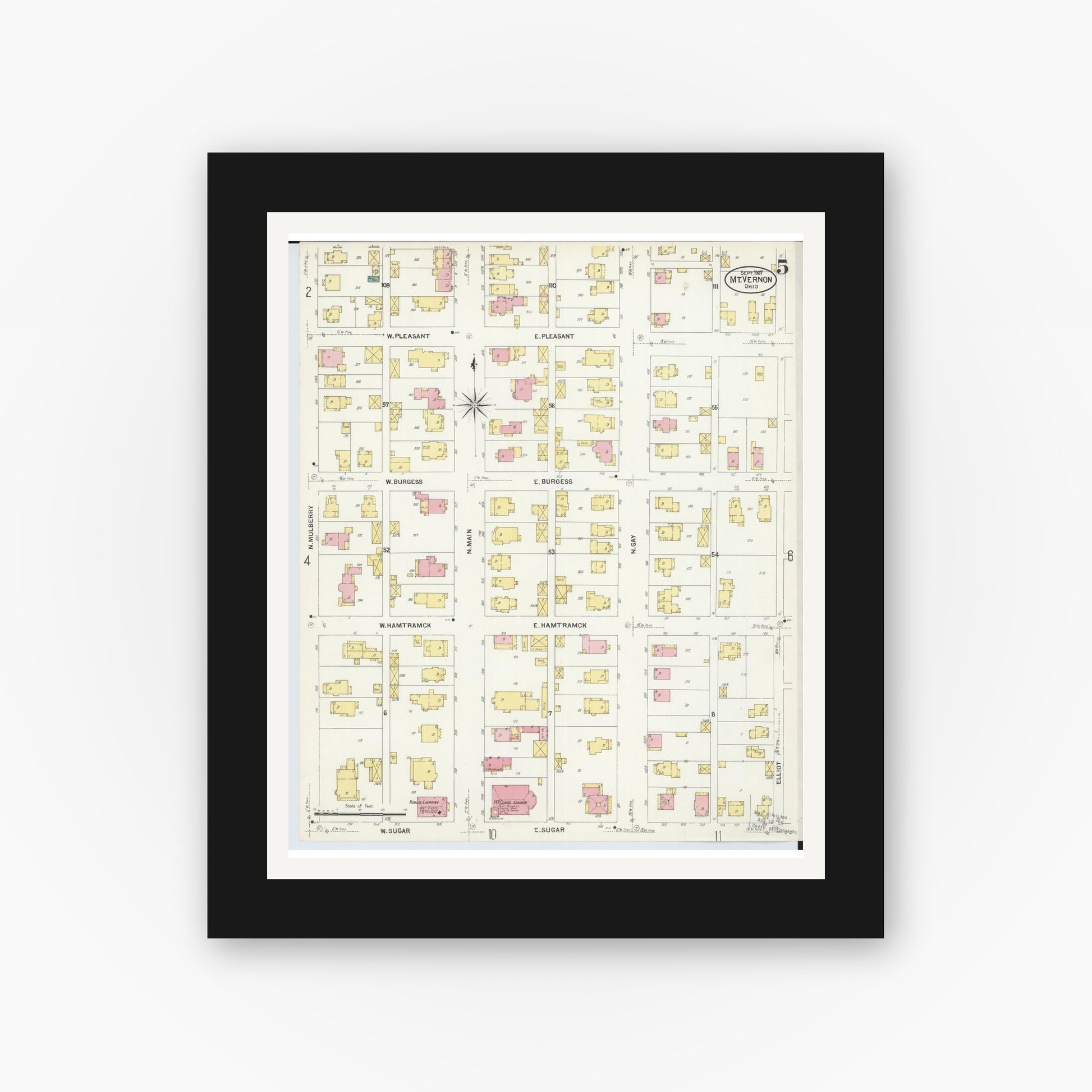 Old map wall art mockup — black gallery frame with white mat — Sanborn Fire Insurance Map from Mount Vernon, Knox County, Ohio (1907), Sheet #0005