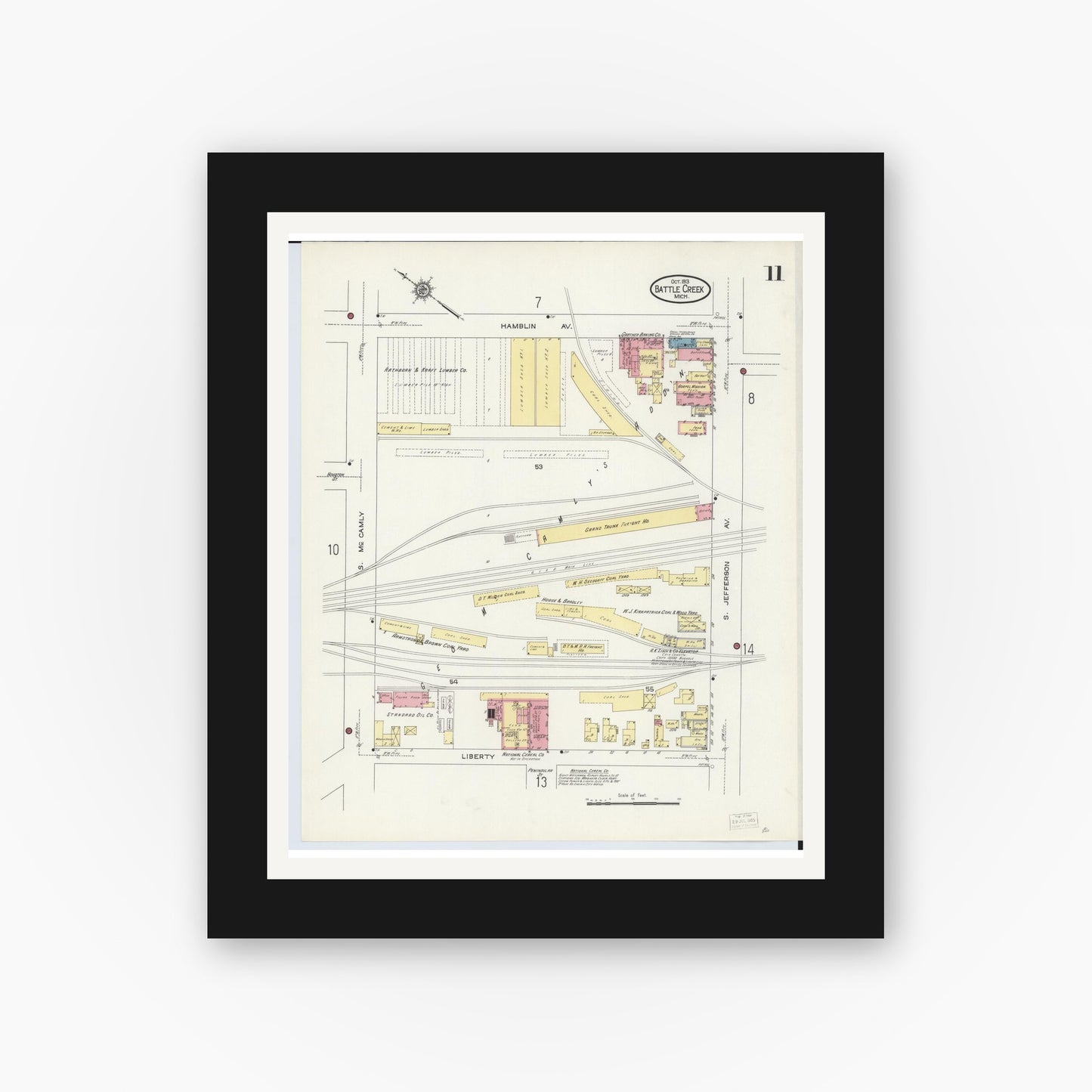 Old map wall art mockup — black gallery frame with white mat — Sanborn Fire Insurance Map from Battle Creek, Calhoun County, Michigan (1913), Sheet #0011