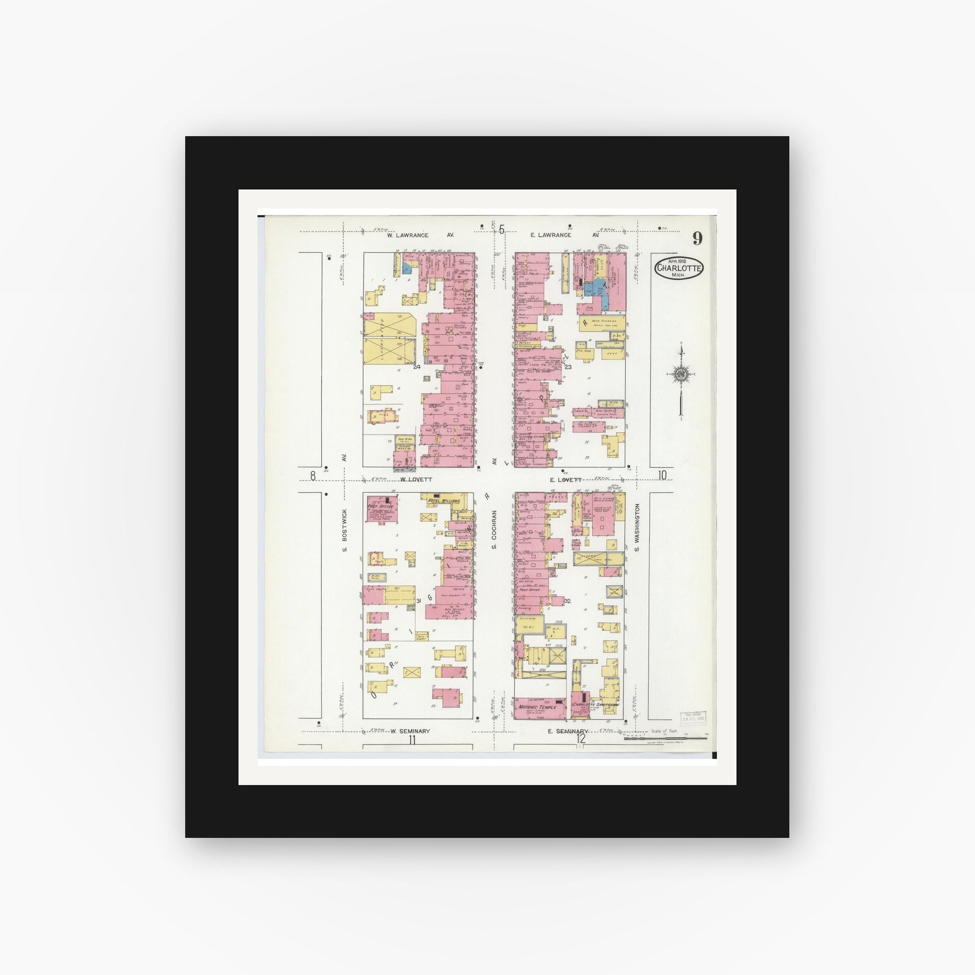 Old map wall art mockup — black gallery frame with white mat — Sanborn Fire Insurance Map from Charlotte, Eaton County, Michigan (1918), Sheet #0009