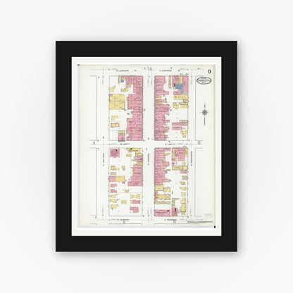 Old map wall art mockup — black gallery frame with white mat — Sanborn Fire Insurance Map from Charlotte, Eaton County, Michigan (1918), Sheet #0009