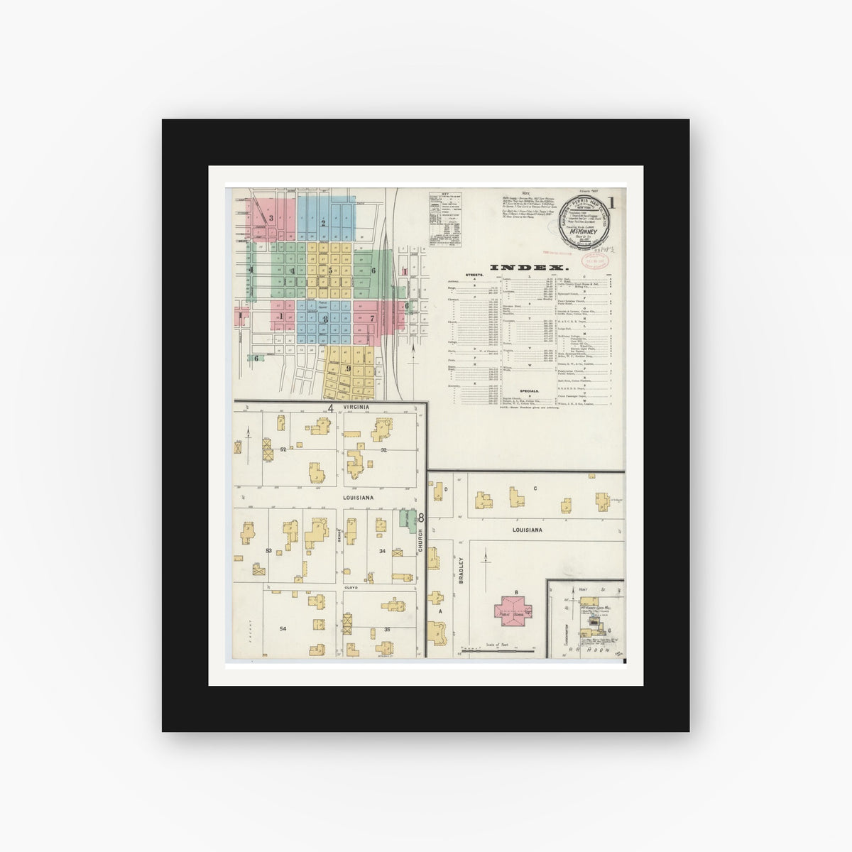 Old map wall art mockup — black gallery frame with white mat — Sanborn Fire Insurance Map from McKinney, Collin County, Texas (1897) - Complete Map Set