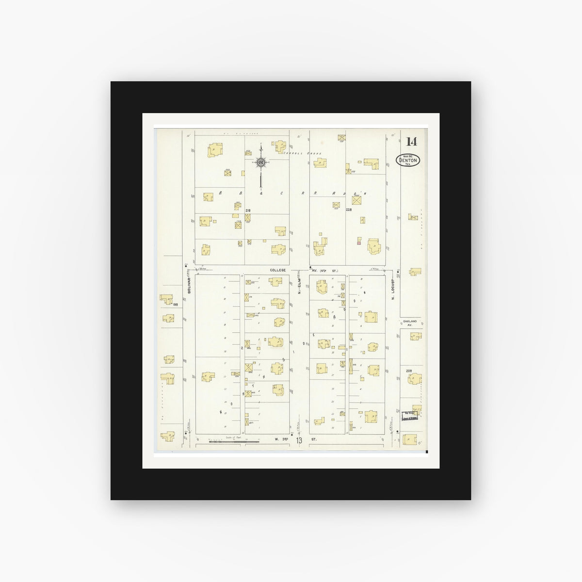 Old map wall art mockup — black gallery frame with white mat — Sanborn Fire Insurance Map from Denton, Denton County, Texas (1912), Sheet #0014