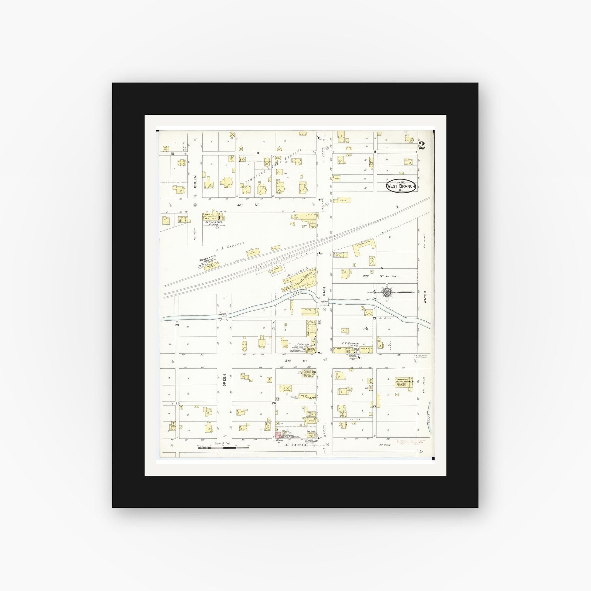 Old map wall art mockup — black gallery frame with white mat — Sanborn Fire Insurance Map from West Branch, Cedar County, Iowa (1912), Sheet #0002
