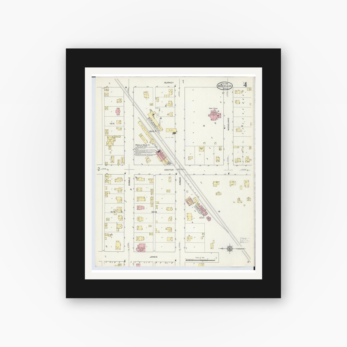 Old map wall art mockup — black gallery frame with white mat — Sanborn Fire Insurance Map from Marcellus, Cass County, Michigan (1914), Sheet #0004