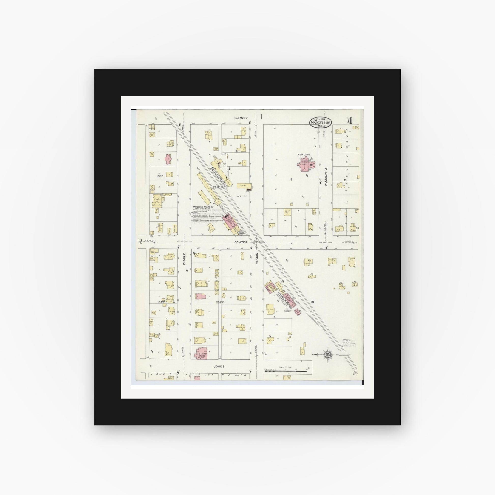 Old map wall art mockup — black gallery frame with white mat — Sanborn Fire Insurance Map from Marcellus, Cass County, Michigan (1914), Sheet #0004