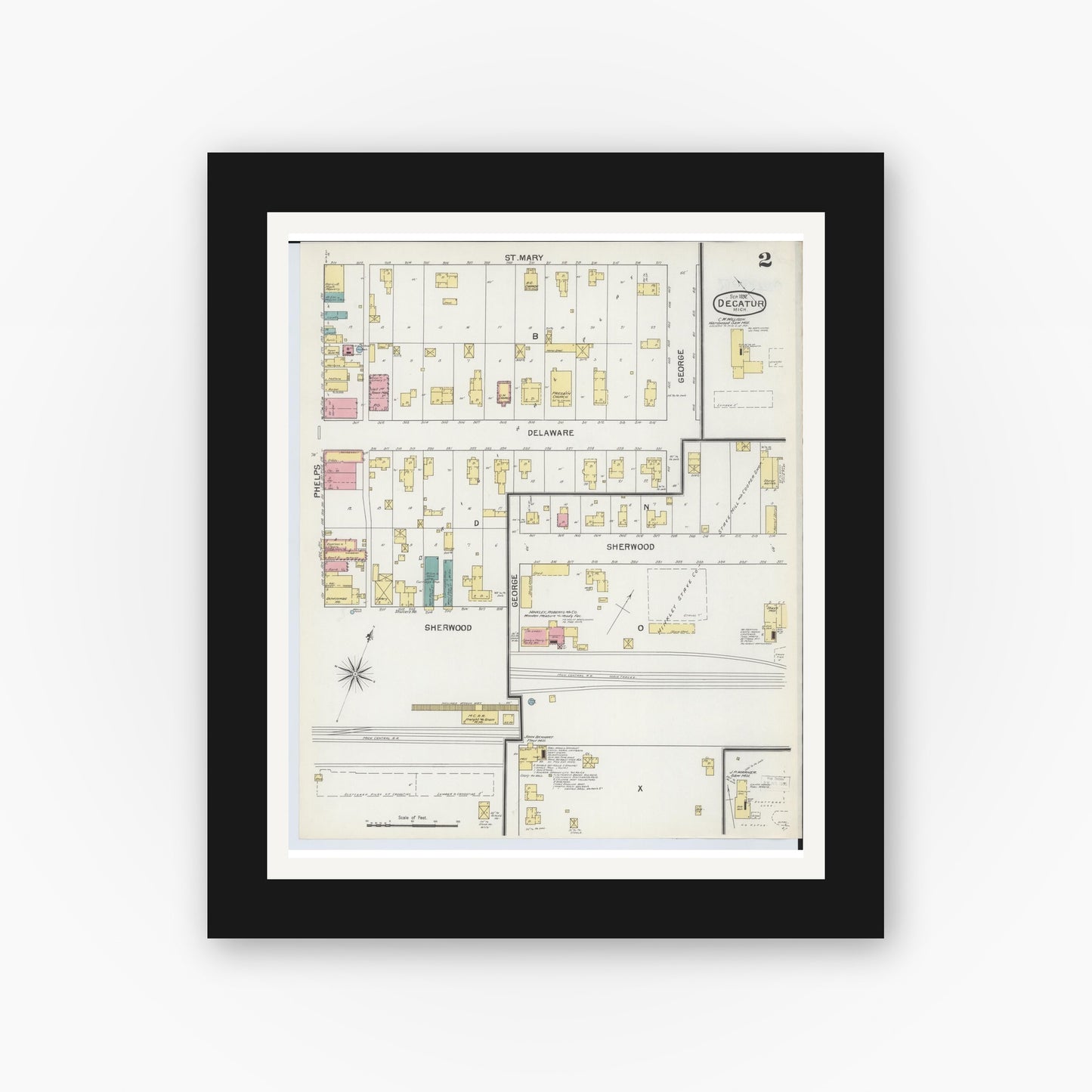 Old map wall art mockup — black gallery frame with white mat — Sanborn Fire Insurance Map from Decatur, Van Buren County, Michigan (1892), Sheet #0002