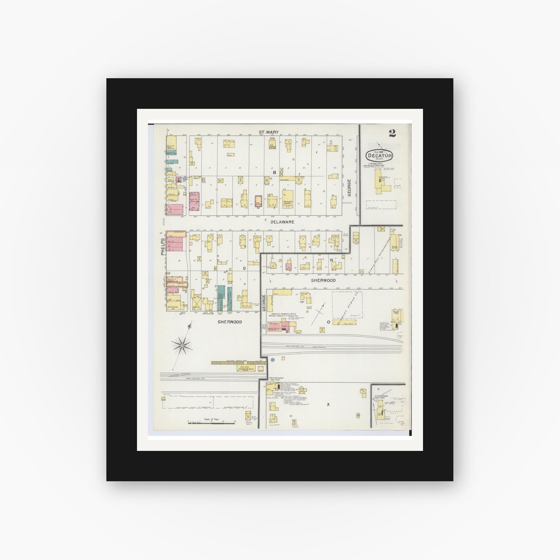 Old map wall art mockup — black gallery frame with white mat — Sanborn Fire Insurance Map from Decatur, Van Buren County, Michigan (1892), Sheet #0002