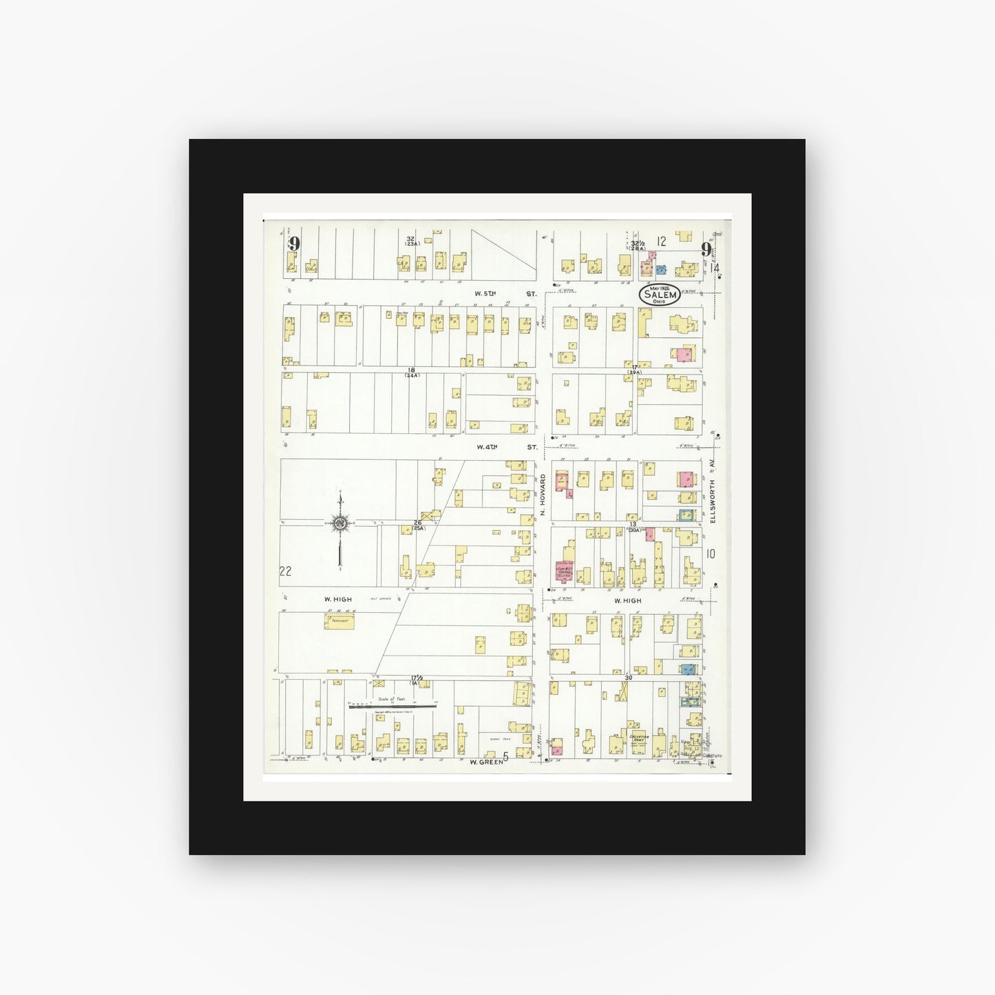 Old map wall art mockup — black gallery frame with white mat — Sanborn Fire Insurance Map from Salem, Columbiana County, Ohio (1926), Sheet #0009
