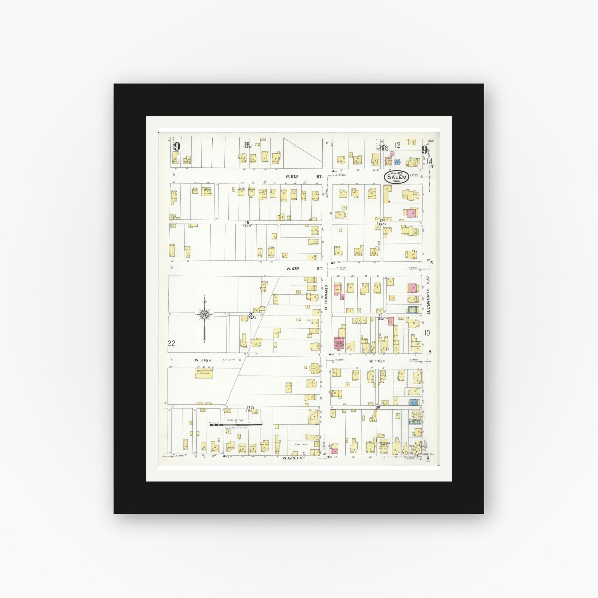 Old map wall art mockup — black gallery frame with white mat — Sanborn Fire Insurance Map from Salem, Columbiana County, Ohio (1926), Sheet #0009