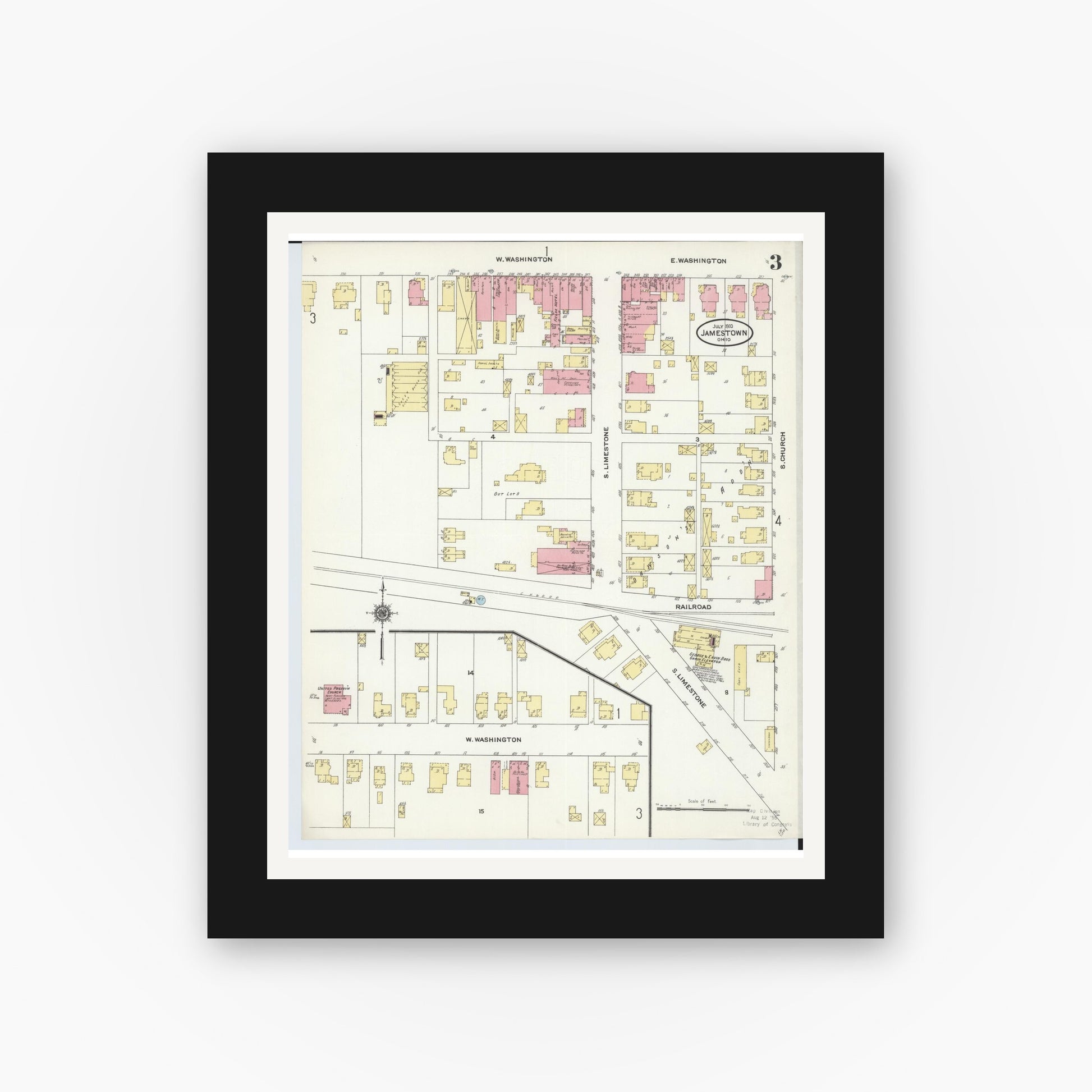 Old map wall art mockup — black gallery frame with white mat — Sanborn Fire Insurance Map from Jamestown, Greene County, Ohio (1910), Sheet #0003