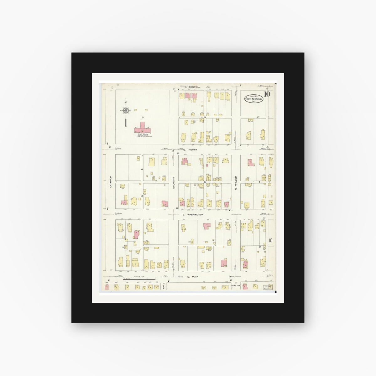 Old map wall art mockup — black gallery frame with white mat — Sanborn Fire Insurance Map from Greensburg, Decatur County, Indiana (1913), Sheet #0010