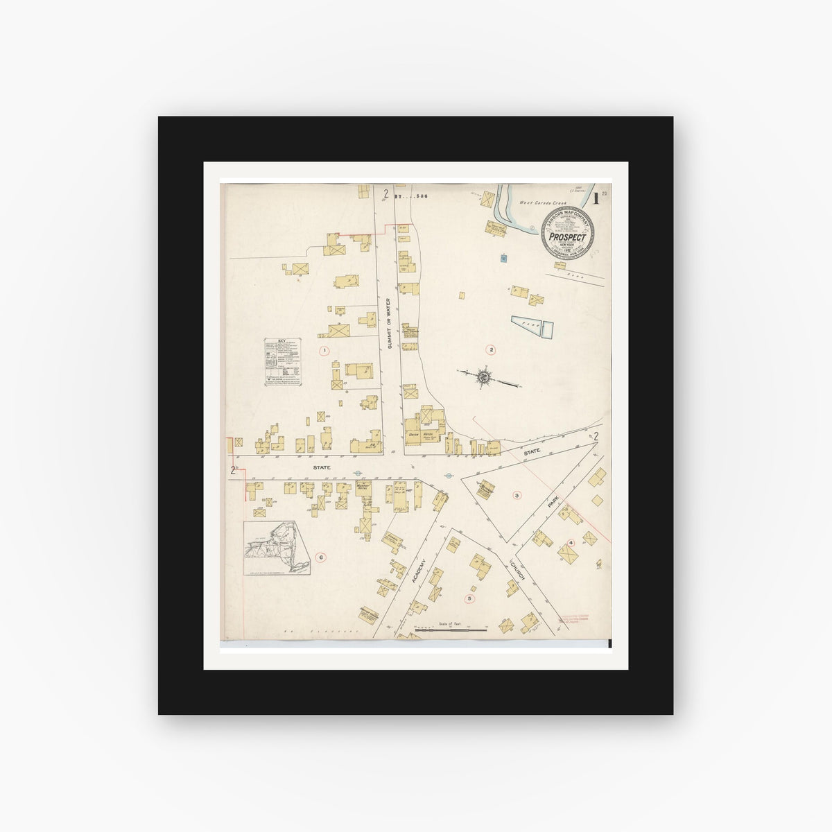 Old map wall art mockup — black gallery frame with white mat — Sanborn Fire Insurance Map from Prospect, Oneida County, New York (1912), Sheet #0001