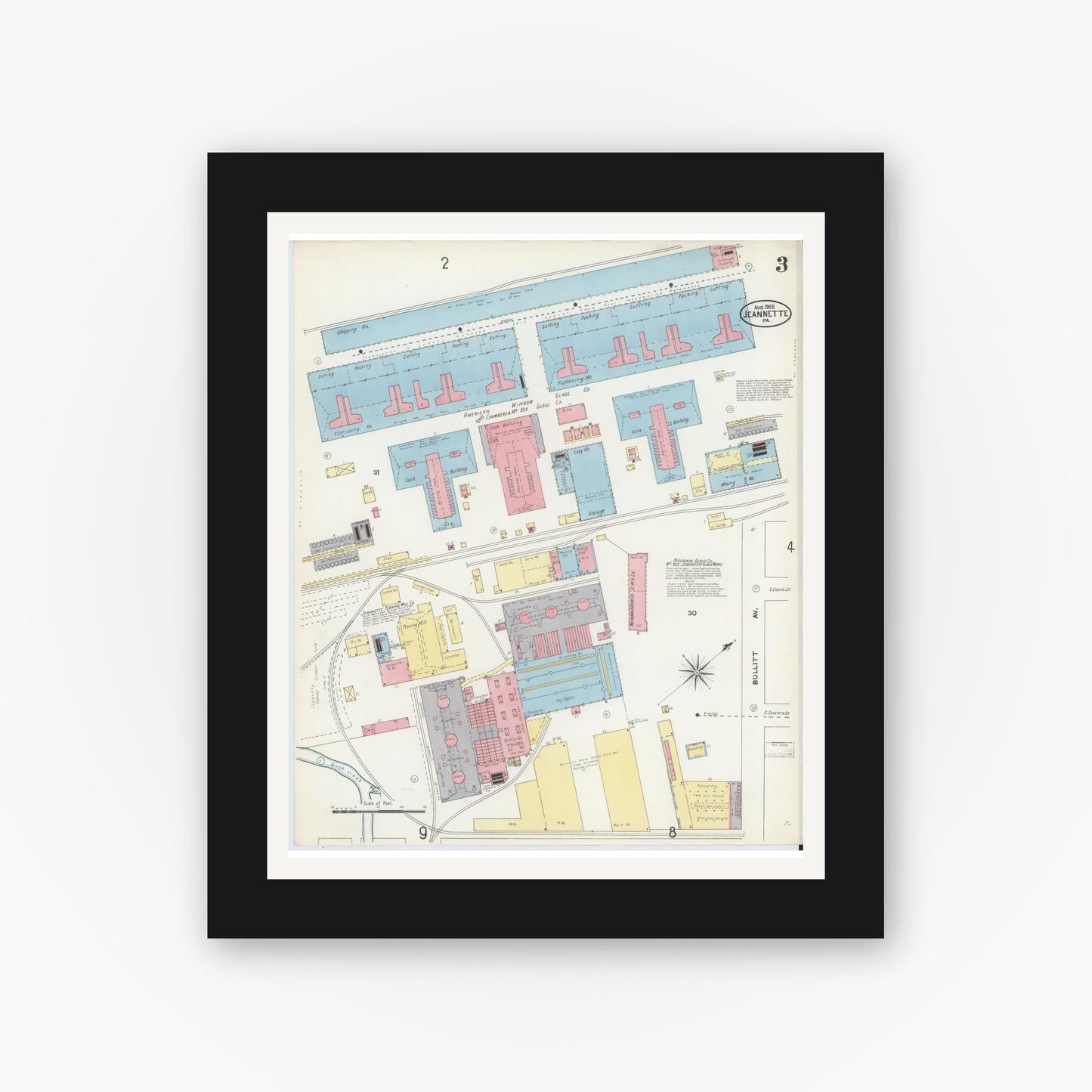 Old map wall art mockup — black gallery frame with white mat — Sanborn Fire Insurance Map from Jeannette, Westmoreland County, Pennsylvania (1905), Sheet #0003