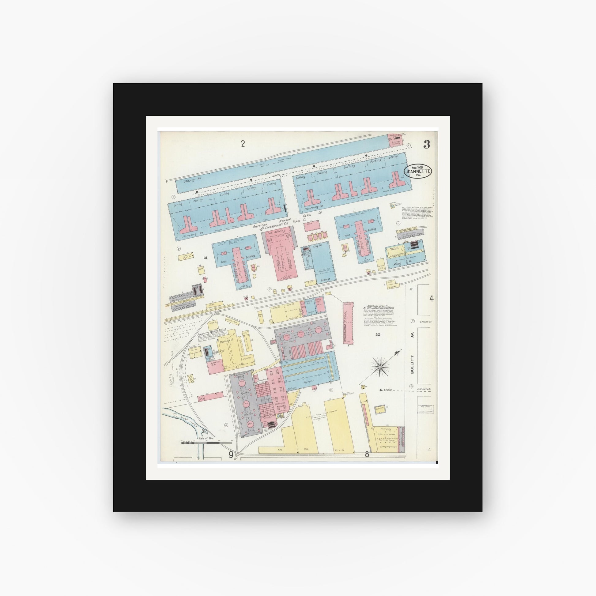 Old map wall art mockup — black gallery frame with white mat — Sanborn Fire Insurance Map from Jeannette, Westmoreland County, Pennsylvania (1905), Sheet #0003