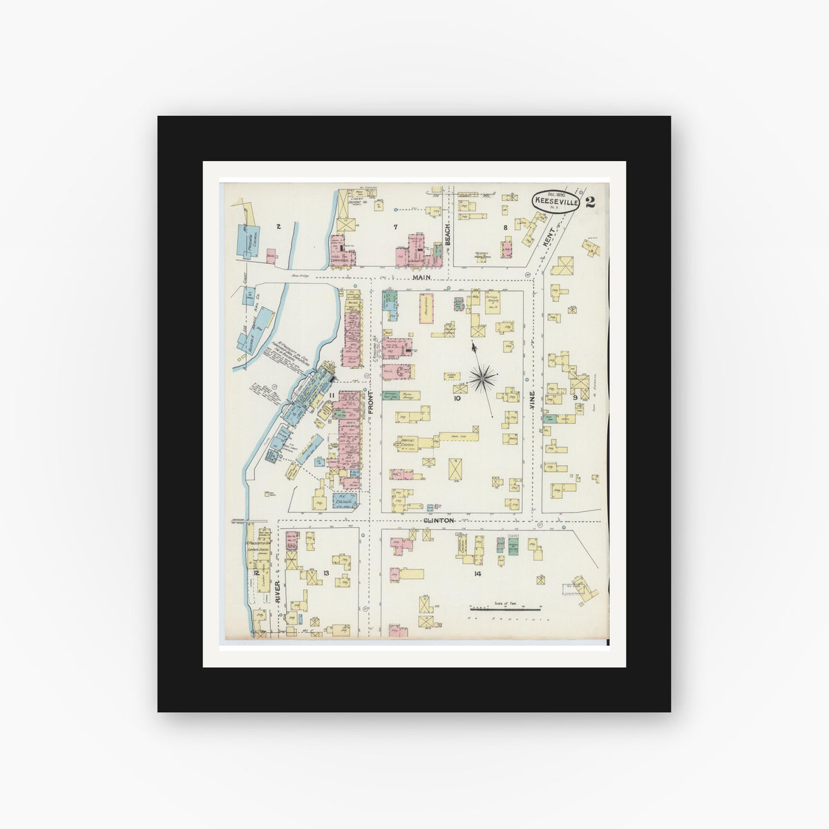 Old map wall art mockup — black gallery frame with white mat — Sanborn Fire Insurance Map from Keeseville, Essex County, New York (1890), Sheet #0002