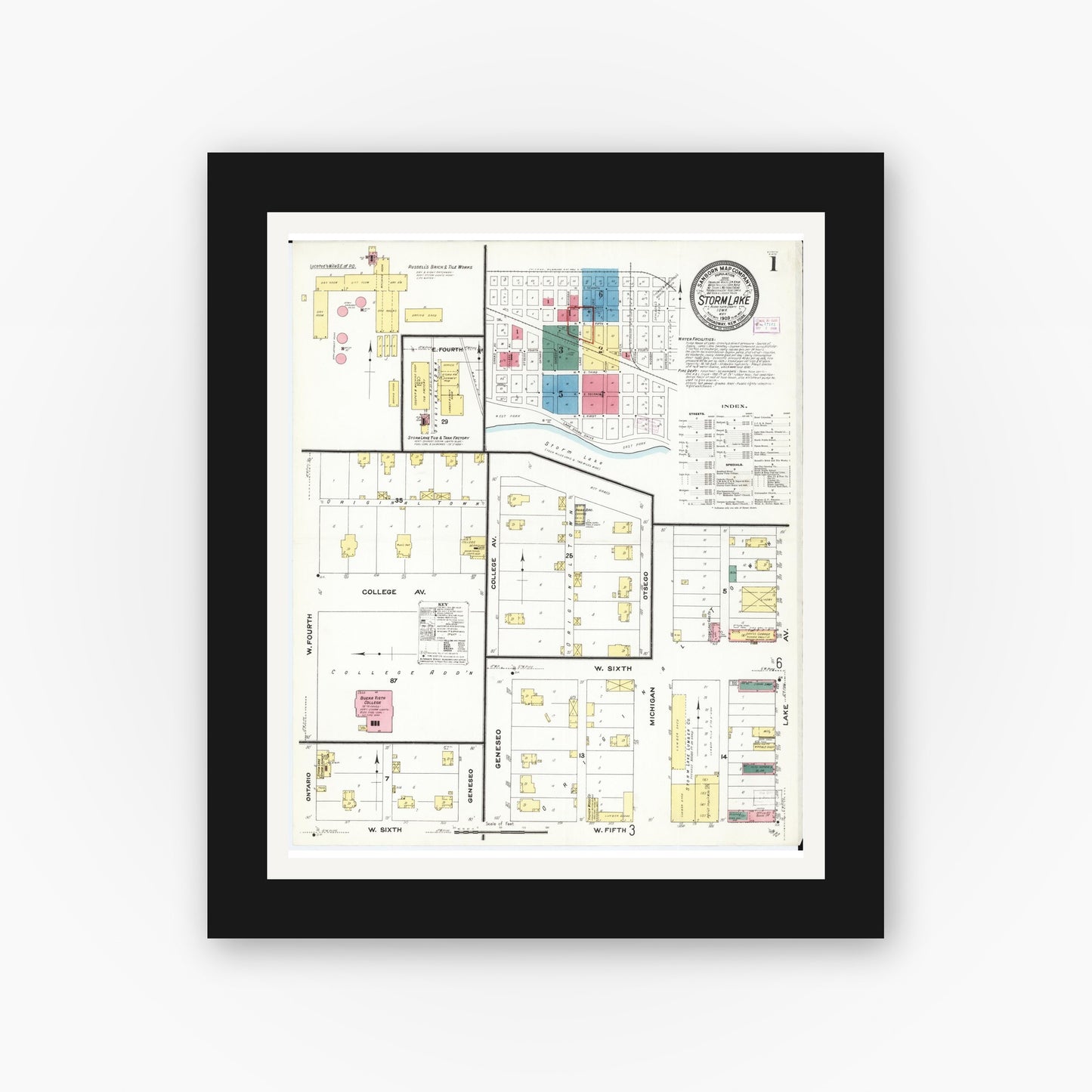 Old map wall art mockup — black gallery frame with white mat — Sanborn Fire Insurance Map from Storm Lake, Buena Vista County, Iowa (1909), Sheet #0001
