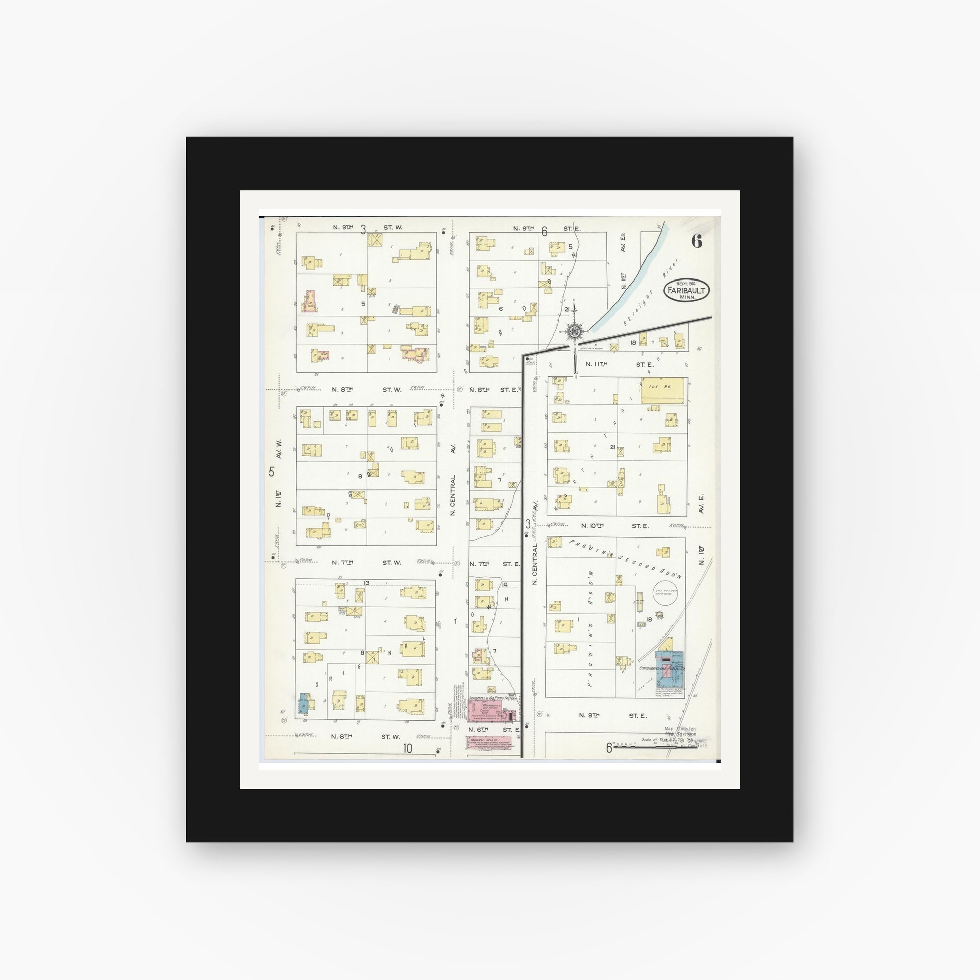 Old map wall art mockup — black gallery frame with white mat — Sanborn Fire Insurance Map from Faribault, Rice County, Minnesota (1914), Sheet #0006