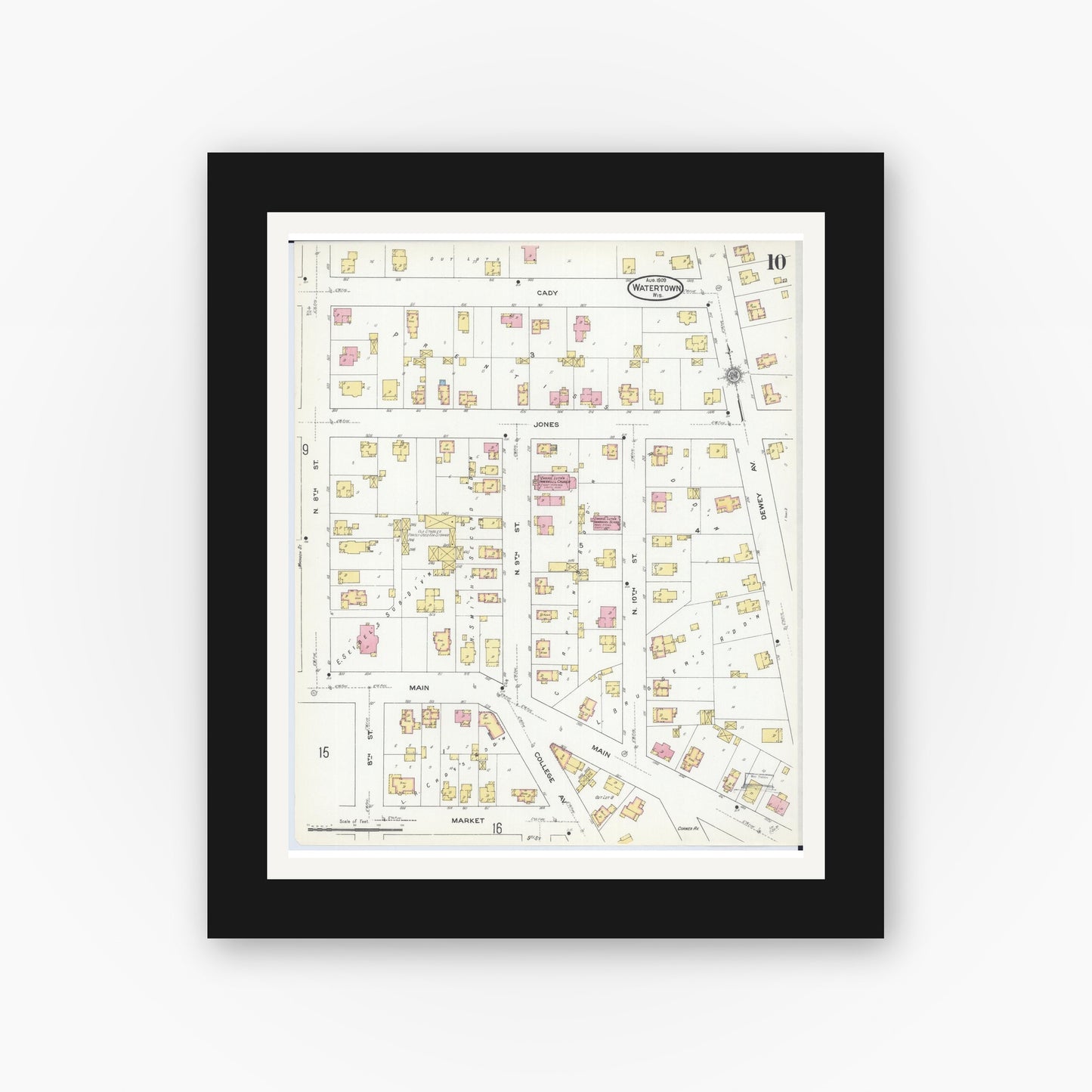Old map wall art mockup — black gallery frame with white mat — Sanborn Fire Insurance Map from Watertown, Jefferson County, Wisconsin (1909), Sheet #0010