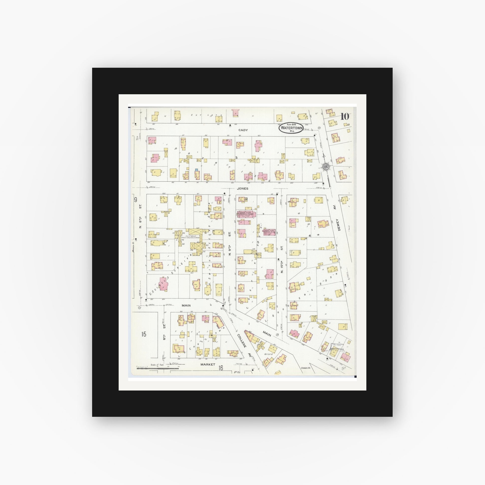 Old map wall art mockup — black gallery frame with white mat — Sanborn Fire Insurance Map from Watertown, Jefferson County, Wisconsin (1909), Sheet #0010