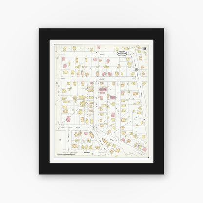 Old map wall art mockup — black gallery frame with white mat — Sanborn Fire Insurance Map from Watertown, Jefferson County, Wisconsin (1909), Sheet #0010