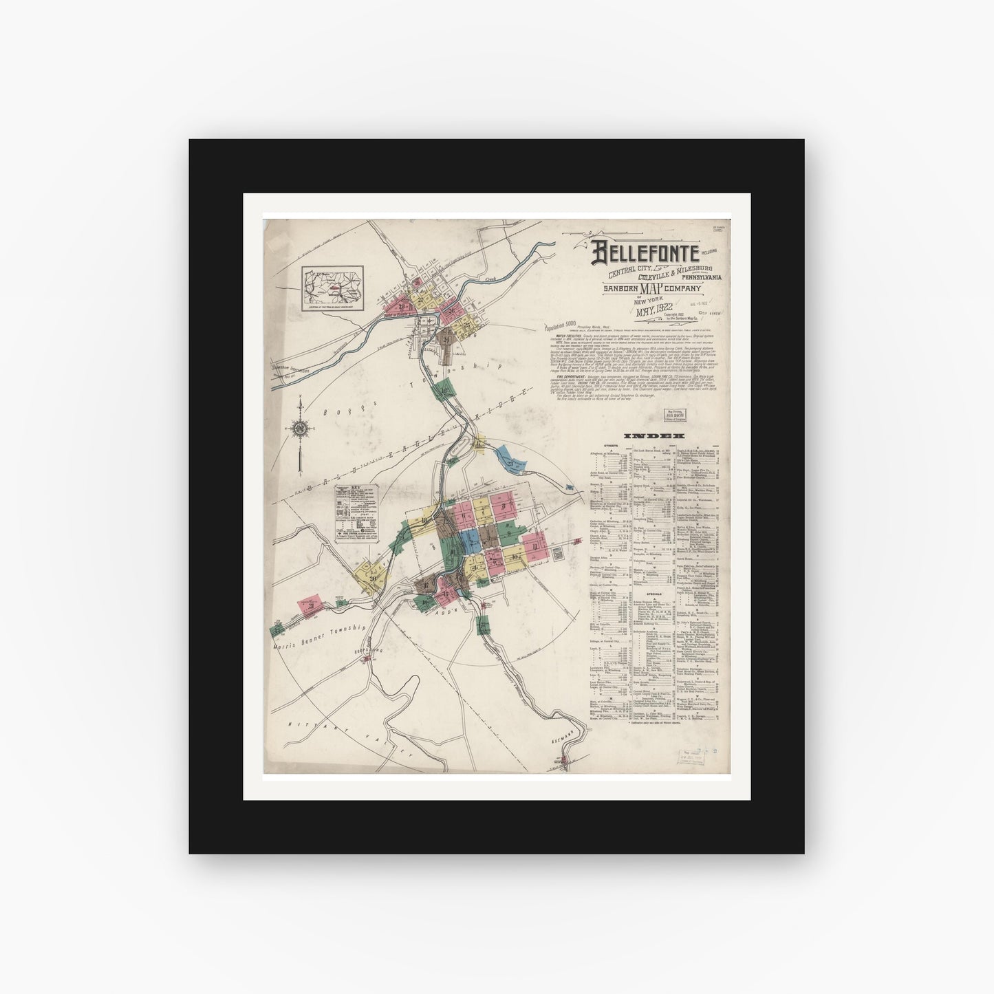 Old map wall art mockup — black gallery frame with white mat — Sanborn Fire Insurance Map from Bellefonte, Centre County, Pennsylvania (1922) - Complete Map Set