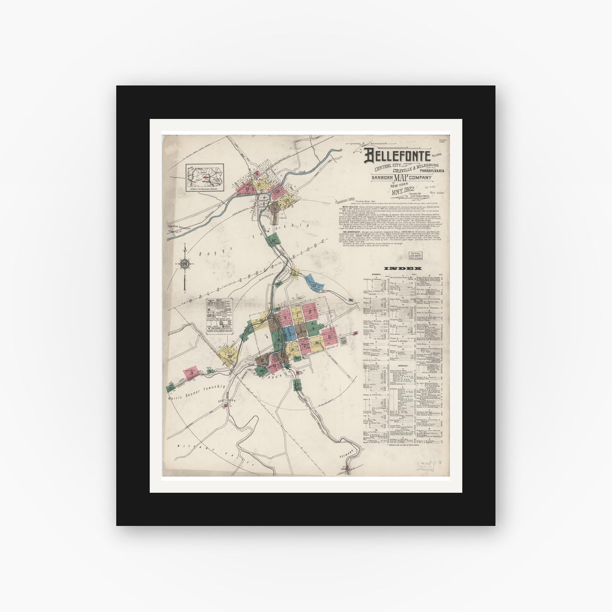 Old map wall art mockup — black gallery frame with white mat — Sanborn Fire Insurance Map from Bellefonte, Centre County, Pennsylvania (1922) - Complete Map Set