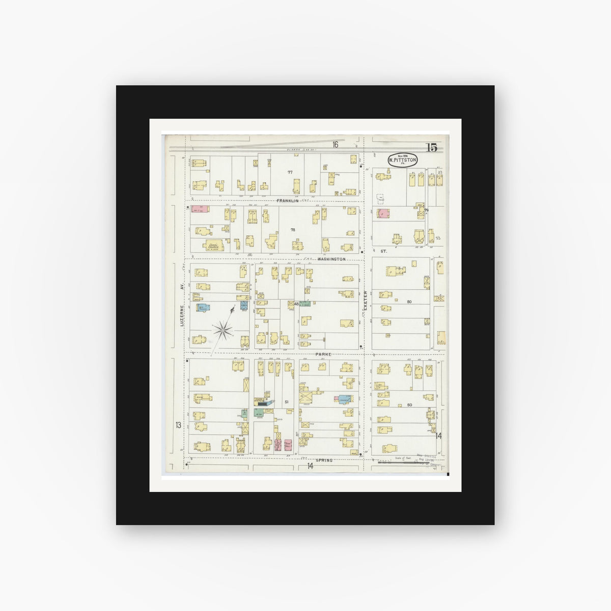 Old map wall art mockup — black gallery frame with white mat — Sanborn Fire Insurance Map from Pittston, Luzerne County, Pennsylvania (1896), Sheet #0015