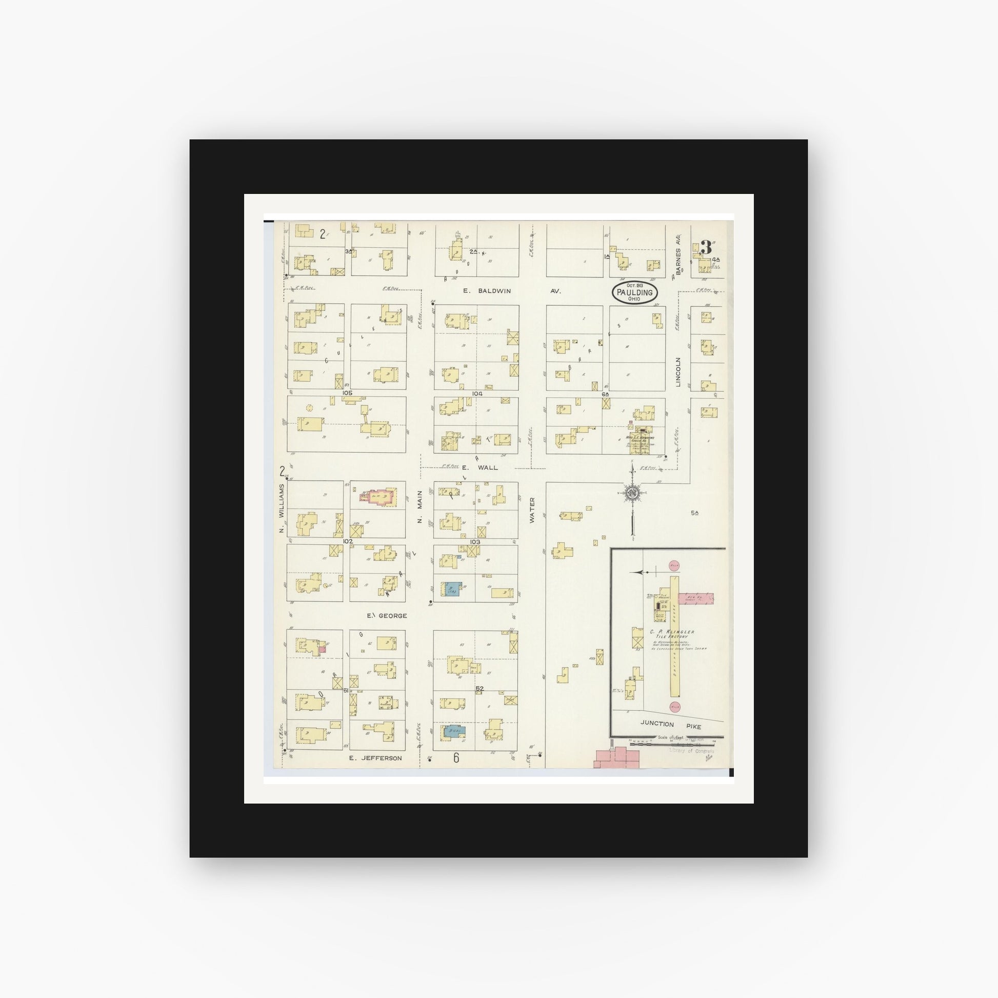 Old map wall art mockup — black gallery frame with white mat — Sanborn Fire Insurance Map from Paulding, Paulding County, Ohio (1913), Sheet #0003