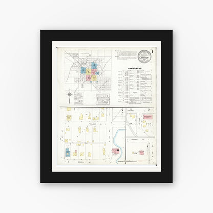 Old map wall art mockup — black gallery frame with white mat — Sanborn Fire Insurance Map from Chariton, Lucas County, Iowa (1913) â€” Complete Set