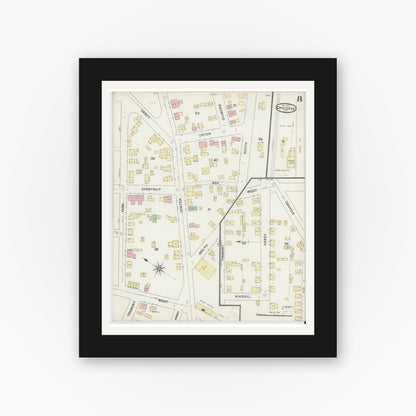 Old map wall art mockup — black gallery frame with white mat — Sanborn Fire Insurance Map from Chicopee, Hampden County, Massachusetts (1891), Sheet #0008
