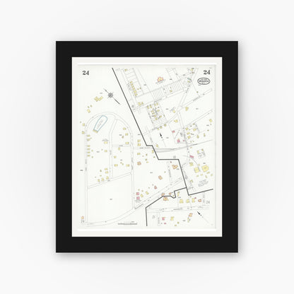 Old map wall art mockup — black gallery frame with white mat — Sanborn Fire Insurance Map from Monroe, Union County, North Carolina (1930), Sheet #0024