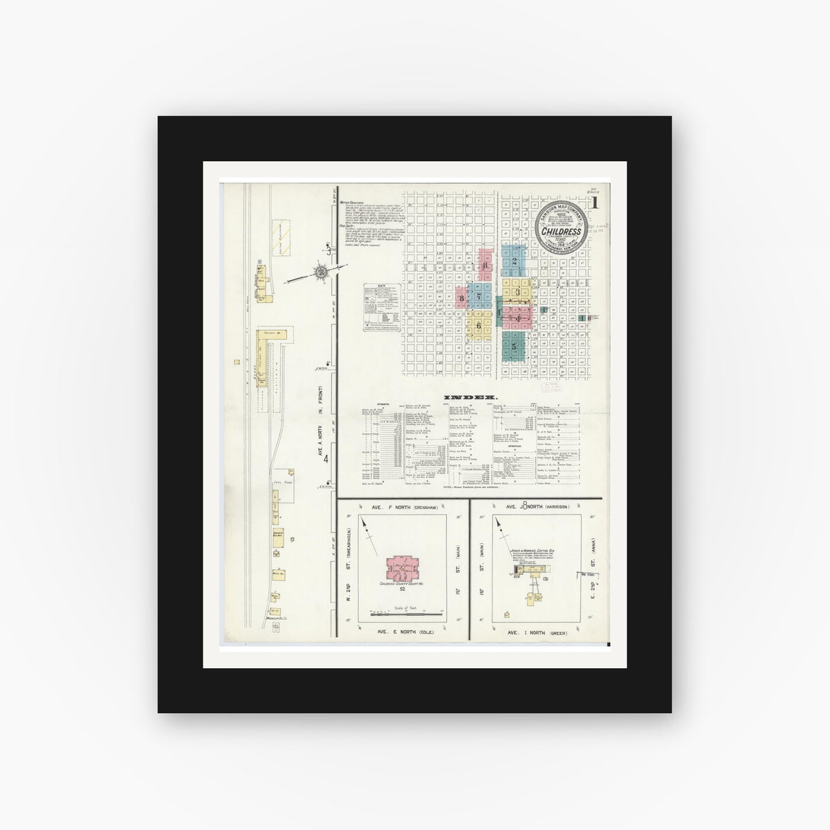 Old map wall art mockup — black gallery frame with white mat — Sanborn Fire Insurance Map from Childress, Childress County, Texas (1912), Sheet #0001