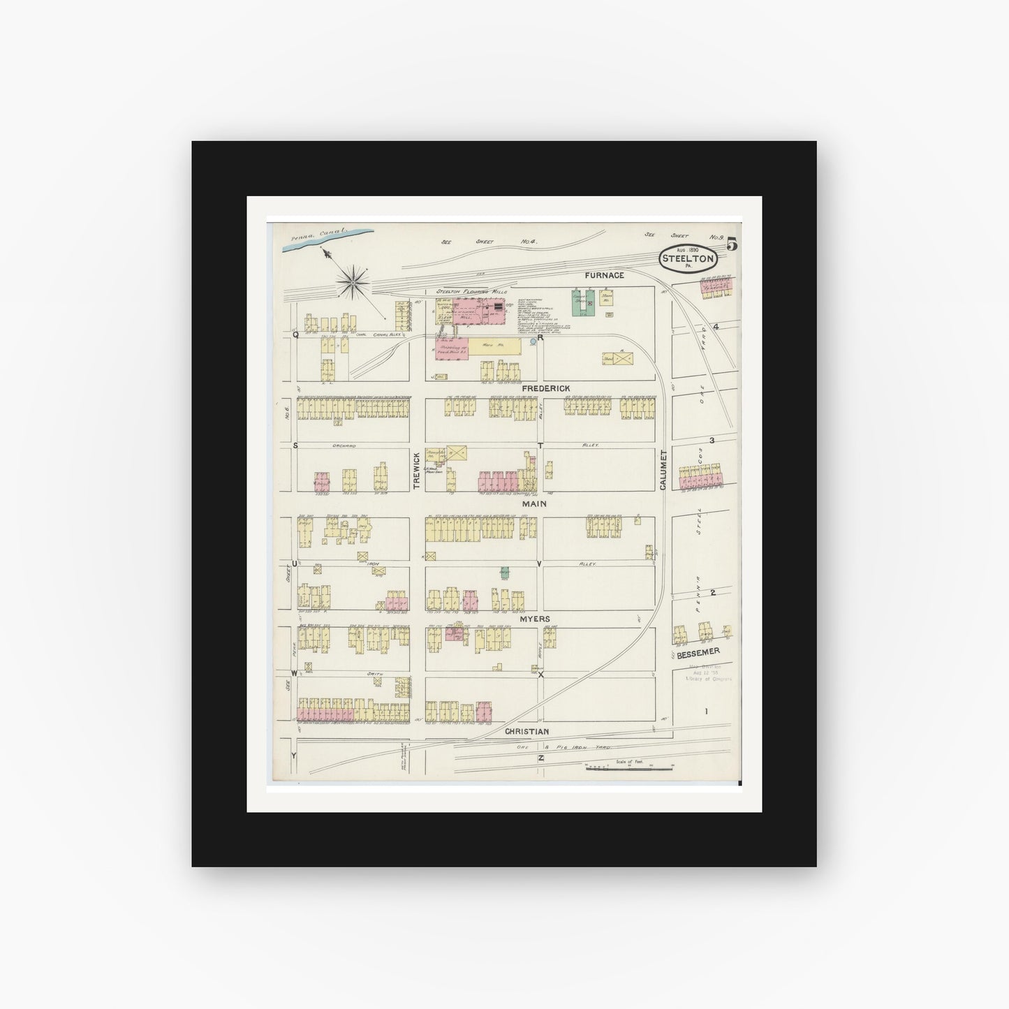 Old map wall art mockup — black gallery frame with white mat — Sanborn Fire Insurance Map from Steelton, Dauphin County, Pennsylvania (1890), Sheet #0005