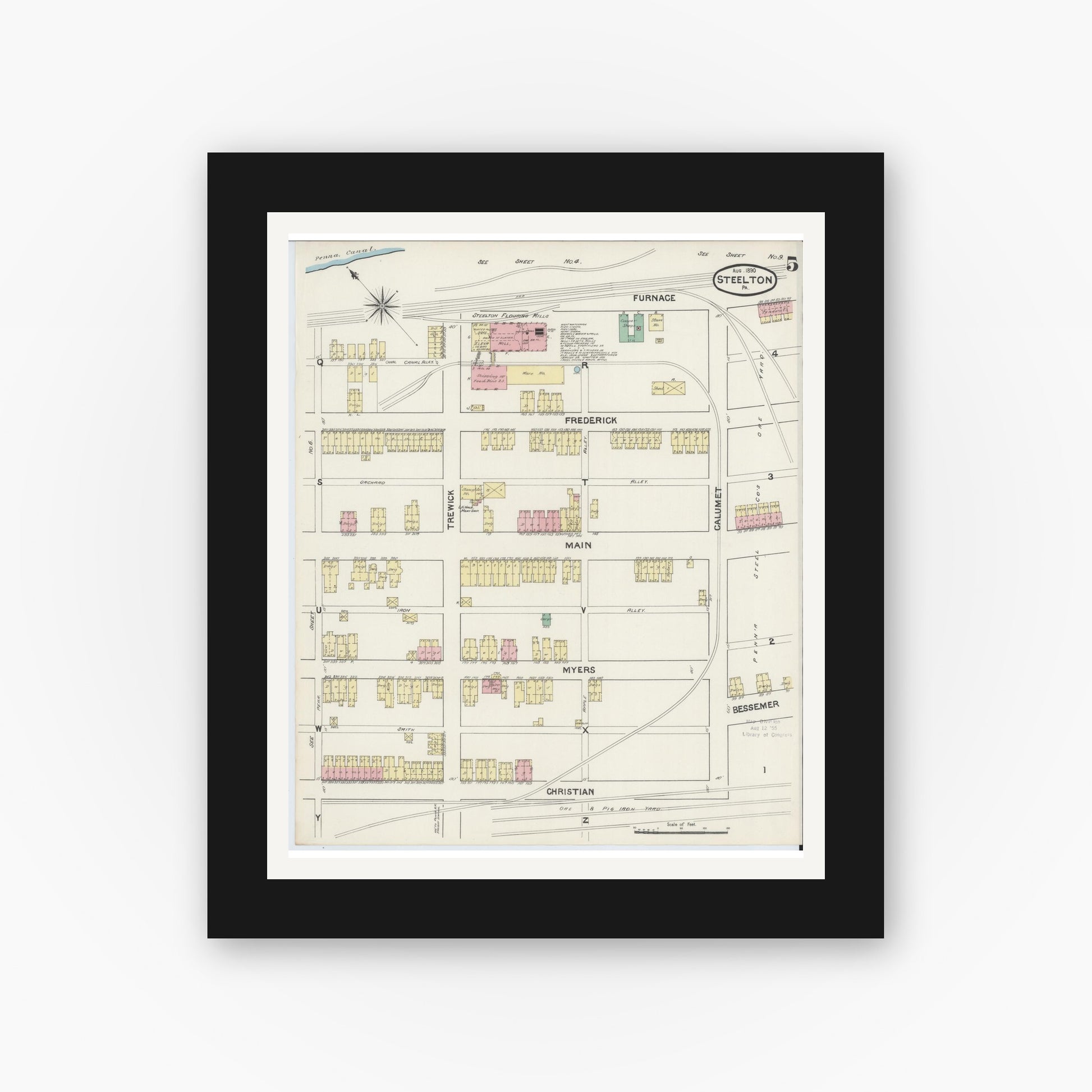 Old map wall art mockup — black gallery frame with white mat — Sanborn Fire Insurance Map from Steelton, Dauphin County, Pennsylvania (1890), Sheet #0005