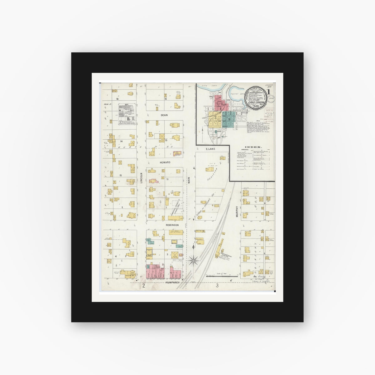 Old map wall art mockup — black gallery frame with white mat — Sanborn Fire Insurance Map from Lake Crystal, Blue Earth County, Minnesota (1900) - Complete Map Set