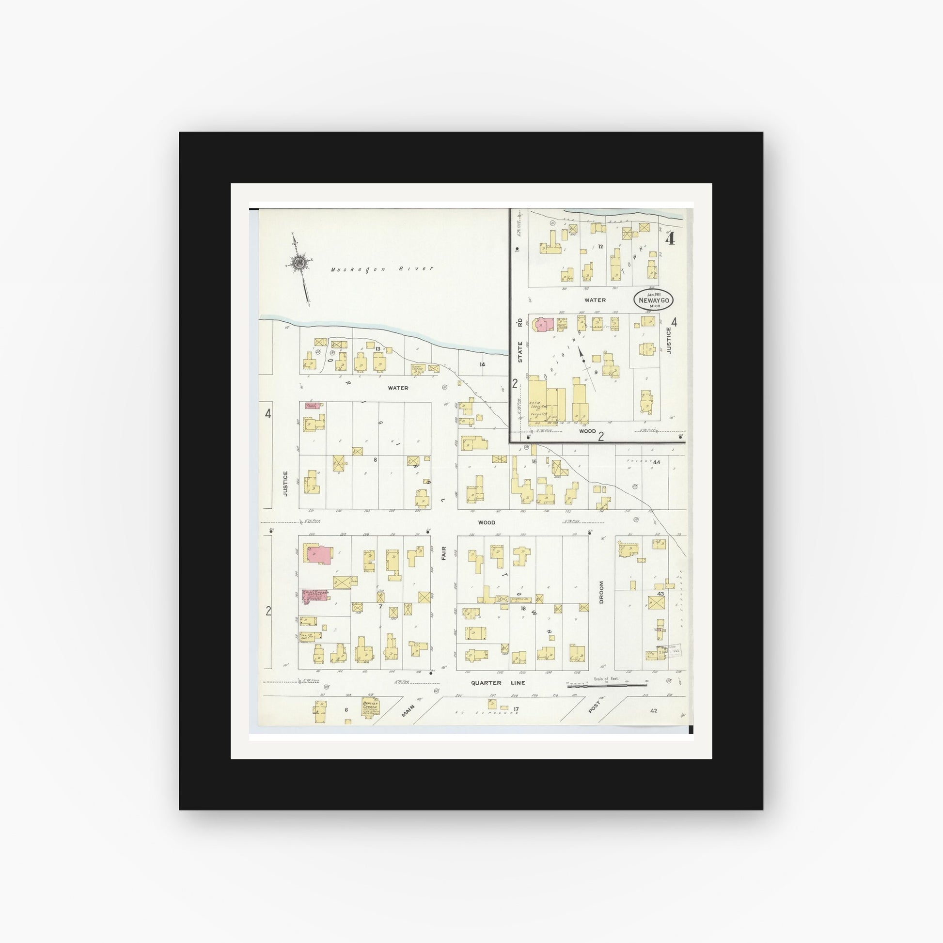 Old map wall art mockup — black gallery frame with white mat — Sanborn Fire Insurance Map from Newaygo, Newaygo County, Michigan (1911), Sheet #0004