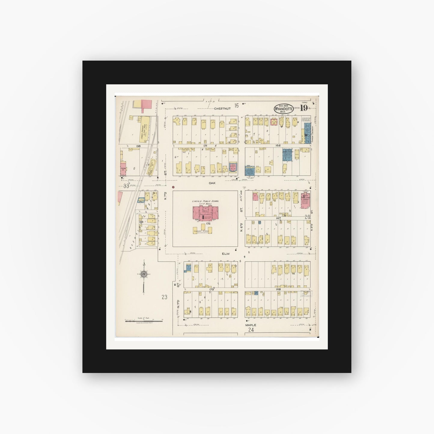 Old map wall art mockup — black gallery frame with white mat — Sanborn Fire Insurance Map from Wyandotte, Wayne County, Michigan (1922), Sheet #0019
