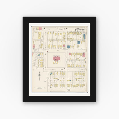 Old map wall art mockup — black gallery frame with white mat — Sanborn Fire Insurance Map from Wyandotte, Wayne County, Michigan (1922), Sheet #0019