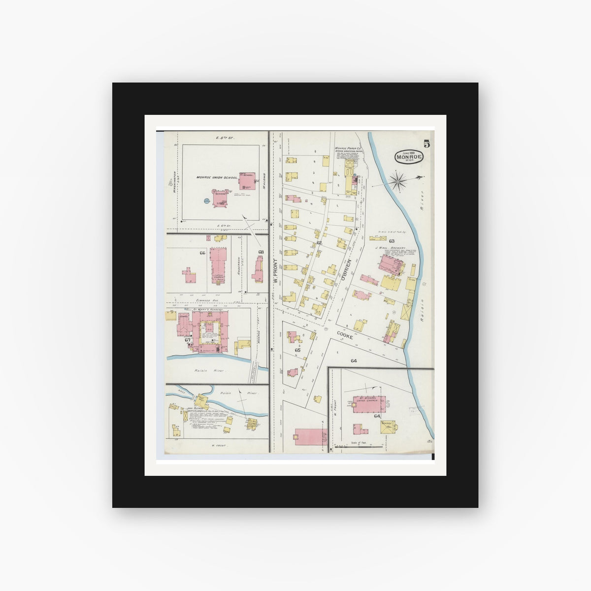 Old map wall art mockup — black gallery frame with white mat — Sanborn Fire Insurance Map from Monroe, Monroe County, Michigan (1893), Sheet #0005