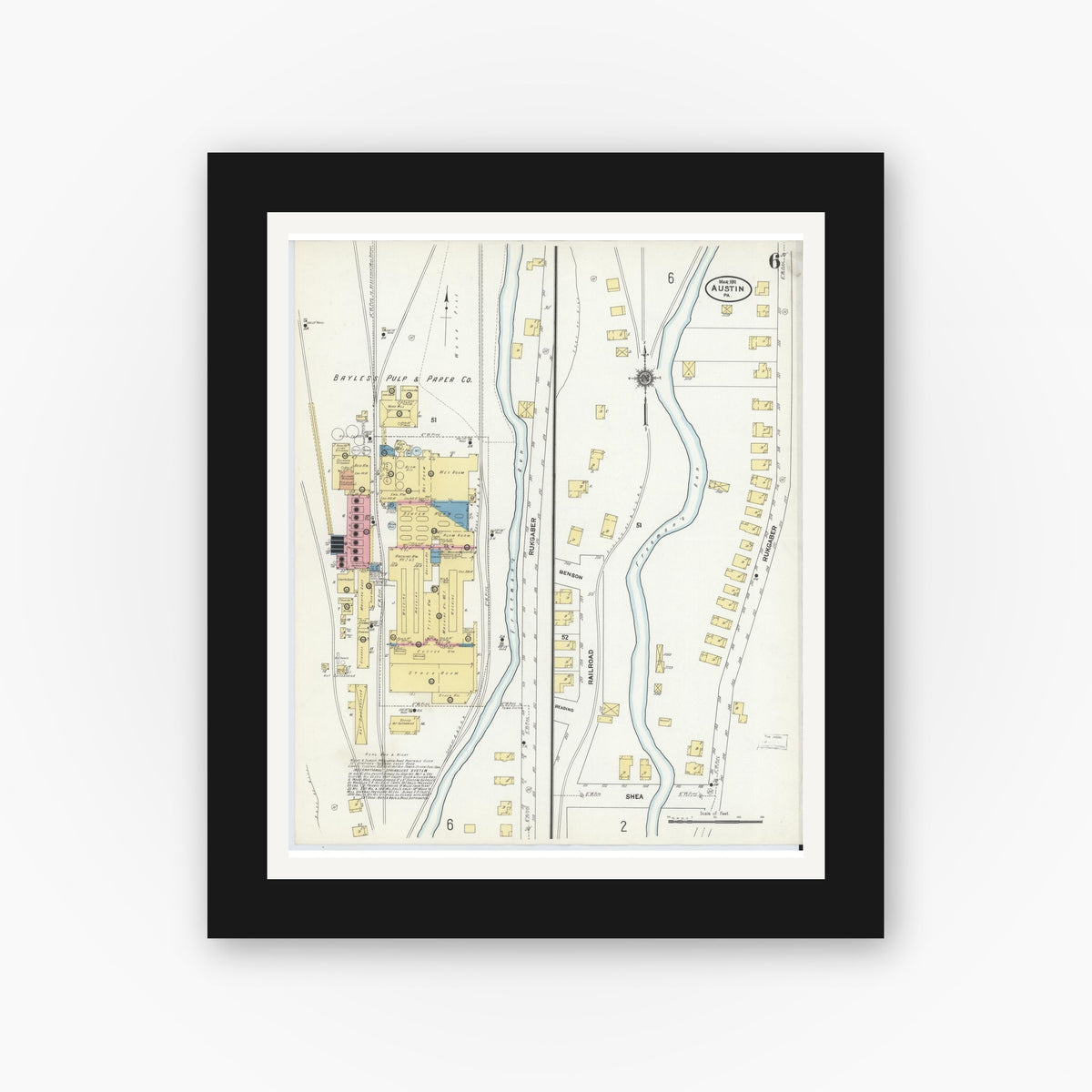 Old map wall art mockup — black gallery frame with white mat — Sanborn Fire Insurance Map from Austin, Potter County, Pennsylvania (1911), Sheet #0006