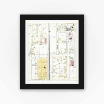 Old map wall art mockup — black gallery frame with white mat — Sanborn Fire Insurance Map from Cleburne, Johnson County, Texas (1918), Sheet #0006
