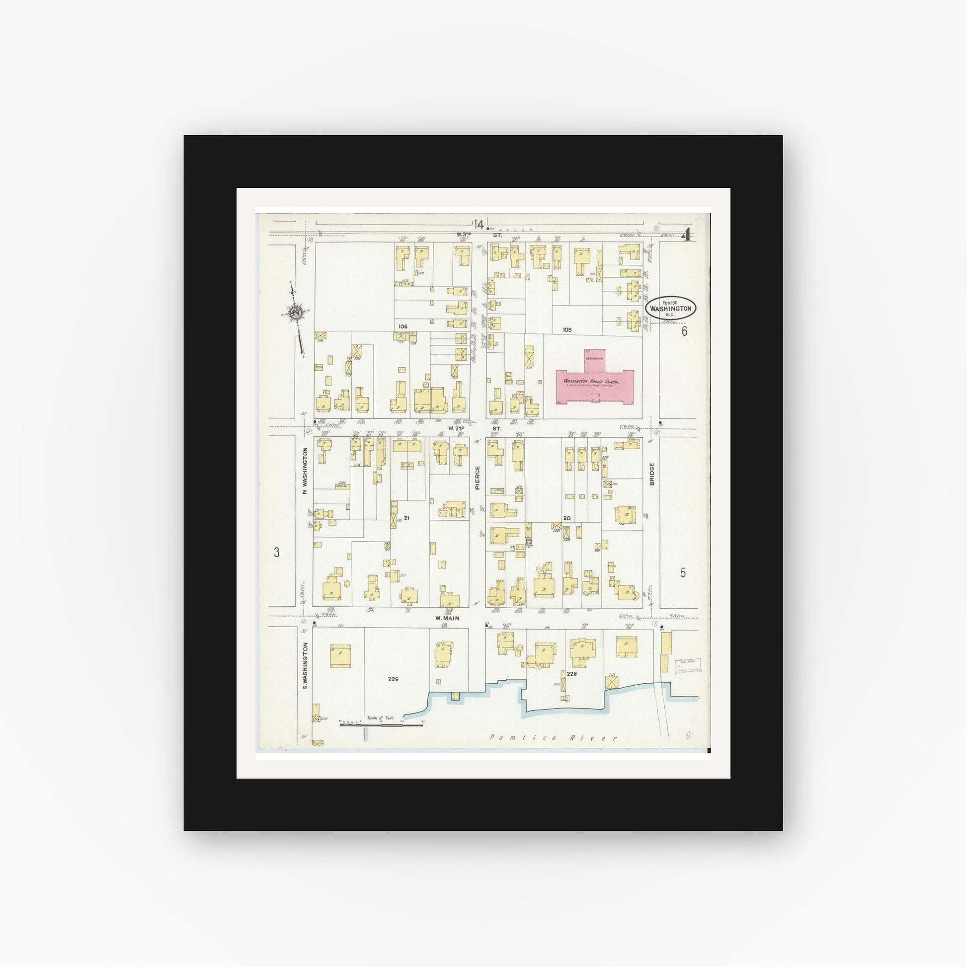 Old map wall art mockup — black gallery frame with white mat — Sanborn Fire Insurance Map from Washington, Beaufort County, North Carolina (1911), Sheet #0004