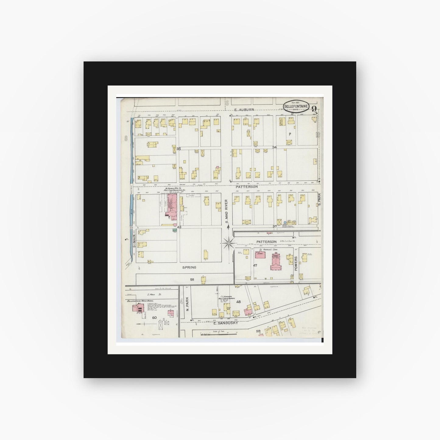 Old map wall art mockup — black gallery frame with white mat — Sanborn Fire Insurance Map from Bellefontaine, Logan County, Ohio (1892), Sheet #0009
