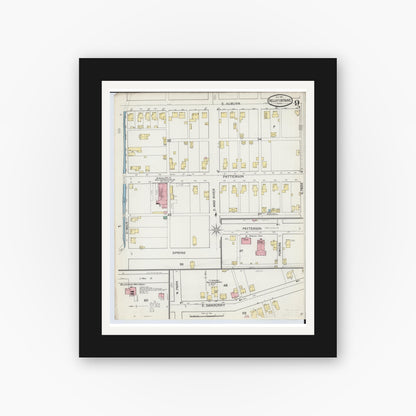Old map wall art mockup — black gallery frame with white mat — Sanborn Fire Insurance Map from Bellefontaine, Logan County, Ohio (1892), Sheet #0009