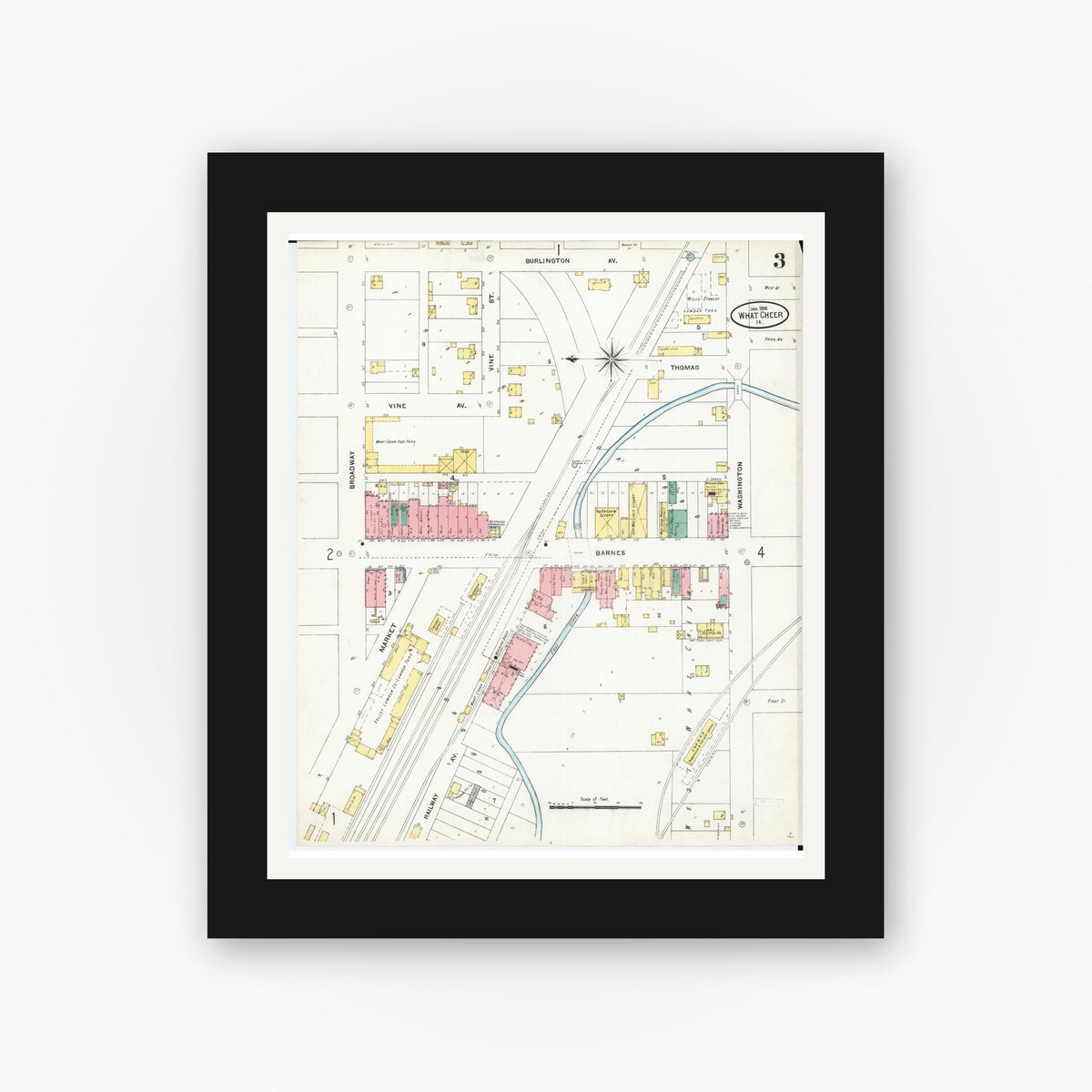 Old map wall art mockup — black gallery frame with white mat — Sanborn Fire Insurance Map from What Cheer, Keokuk County, Iowa (1906), Sheet #0003