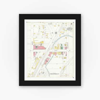 Old map wall art mockup — black gallery frame with white mat — Sanborn Fire Insurance Map from What Cheer, Keokuk County, Iowa (1906), Sheet #0003