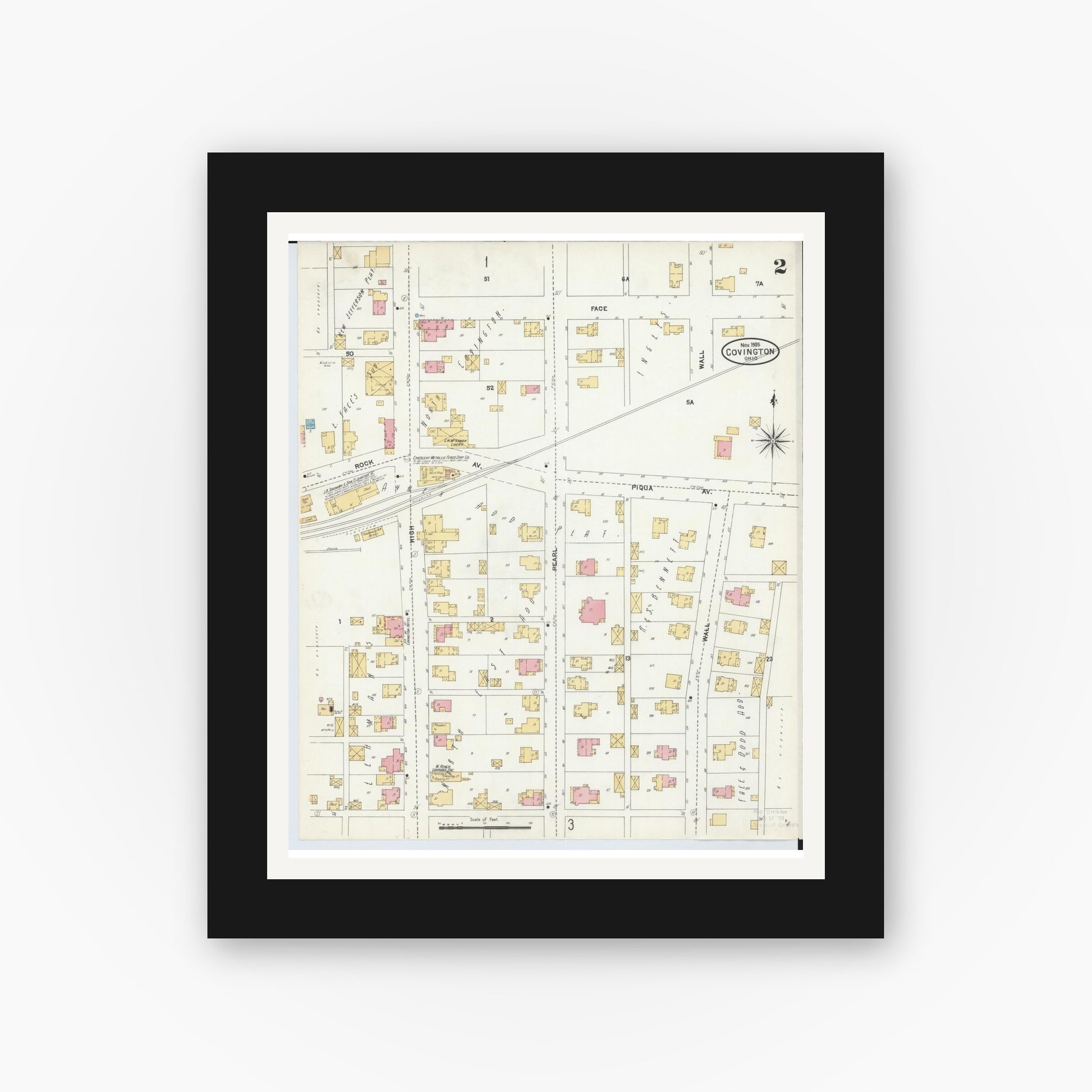 Old map wall art mockup — black gallery frame with white mat — Sanborn Fire Insurance Map from Covington, Miami County, Ohio (1905), Sheet #0002